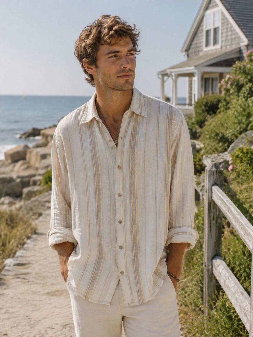 Tommy Bahama Cream and Beige Striped Button-Down Coastal Summer Linen Shirt XL